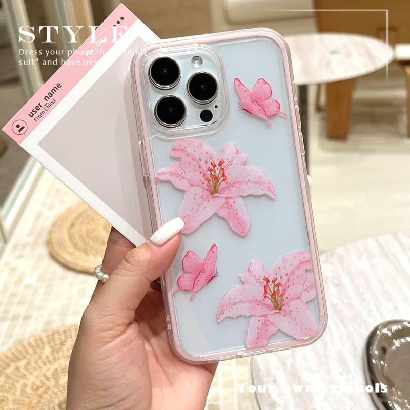 Δύο-σε-ένα διαφανές ακρυλικό θήκη για iPhone 15–17 με σχέδιο πεταλούδα και ροζ λουλούδι