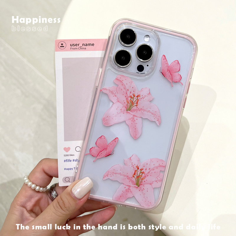 Δύο-σε-ένα διαφανές ακρυλικό θήκη για iPhone 15–17 με σχέδιο πεταλούδα και ροζ λουλούδι