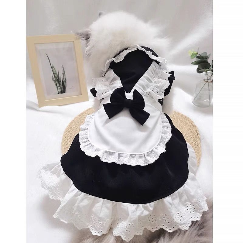 Pastorálna sukňa pre domácich miláčikov na jar a leto, ľahký a roztomilý čiernobiely outfit pre mačky a psy, princeznovský štýl