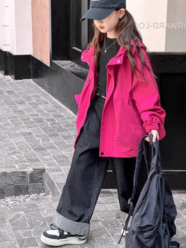 Geacă pentru fete primăvară/toamnă cu glugă, croială lejeră, jachetă casual outdoor pentru fete mai mari, fermoar frontal, poliester