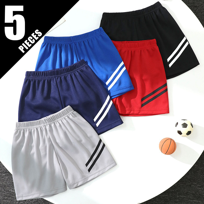Gyerekeknek szóló gyorsan száradó nyári sport shortok, uniszex, 5 darabos készlet, csíkos és egyszínű