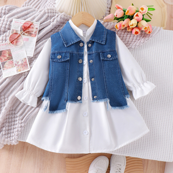 Gyerekeknek szóló denim őszi kabát szett egyszínű ruhával