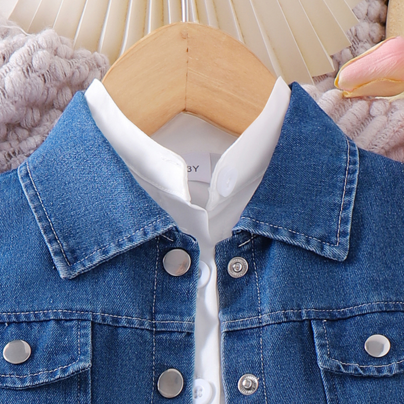 Gyerekeknek szóló denim őszi kabát szett egyszínű ruhával