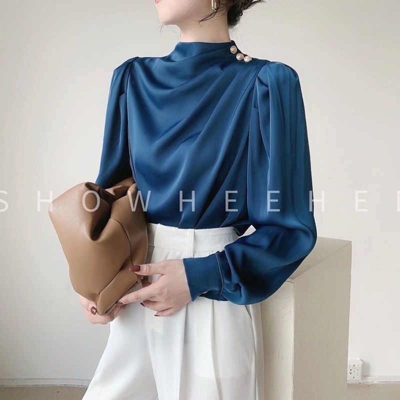 Designer hatású korai őszi francia stílusú hosszú ujjú top acetát-saténból, hongkongi stílusú professzionális fekete női felső