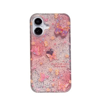 Ροζ θήκη IMD για iPhone με σχέδιο λουλουδιού-πεταλούδας, διαφανές γκλίτερ