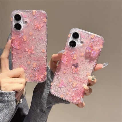 Ροζ θήκη IMD για iPhone με σχέδιο λουλουδιού-πεταλούδας, διαφανές γκλίτερ