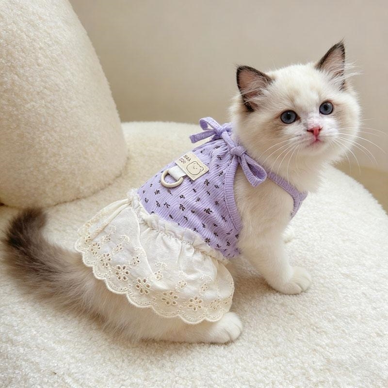 Tenké kvetinové šaty na ramienka pre mačky, rebrovaná tkanina, vhodné na vodítko, pre mačiatka RagDoll so zlatým prechodom, priedušné a rýchloschnúce