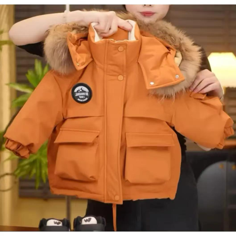 Detská unisex bavlnená bunda s kapucňou a golierom z umelej kožušiny, stredne dlhá, teplá na zimu
