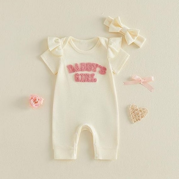 Salopetă pentru bebeluș, fetiță Daddy's Girl, tricot waffle, mânecă scurtă, cu bentiță pentru păr – set din două piese