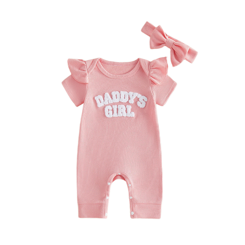 Salopetă pentru bebeluș, fetiță Daddy's Girl, tricot waffle, mânecă scurtă, cu bentiță pentru păr – set din două piese