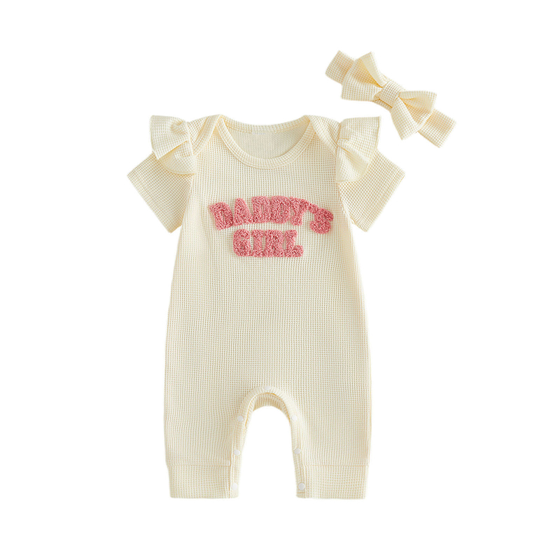 Salopetă pentru bebeluș, fetiță Daddy's Girl, tricot waffle, mânecă scurtă, cu bentiță pentru păr – set din două piese