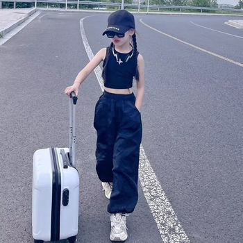 Ľahké letné dlhé dievčenské nohavice s voľnými rovnými nohavicami, ležérne cargo nohavice pre deti