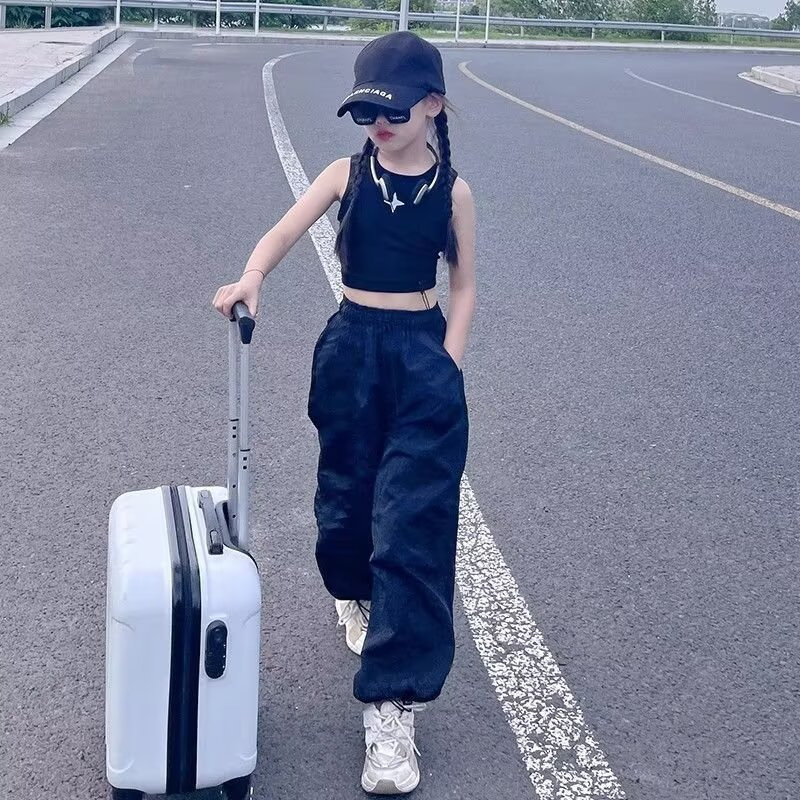 Ľahké letné dlhé dievčenské nohavice s voľnými rovnými nohavicami, ležérne cargo nohavice pre deti