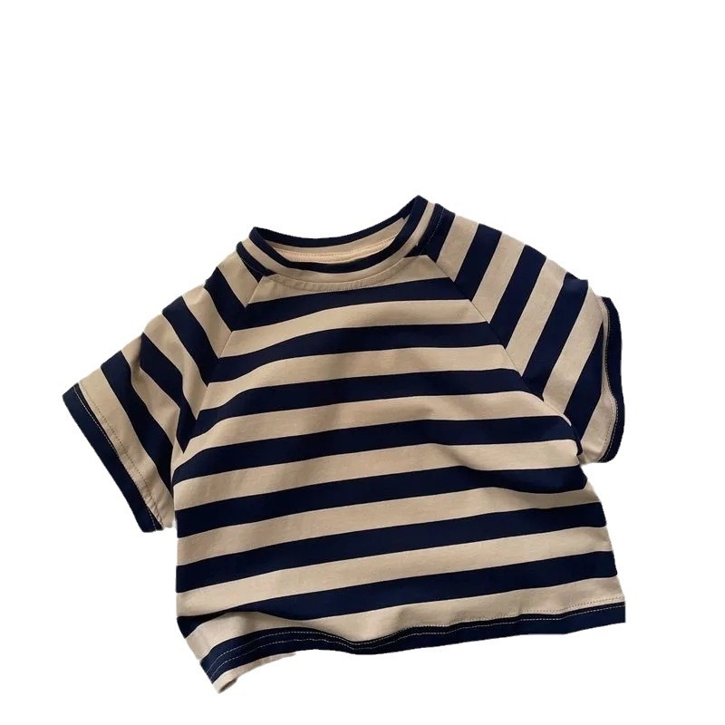 Detské pruhované tričko s krátkym rukávom v kórejskom štýle, unisex letný top