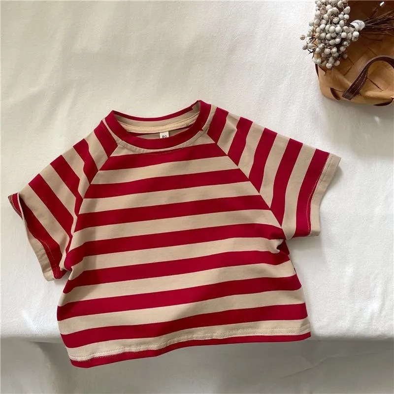 Detské pruhované tričko s krátkym rukávom v kórejskom štýle, unisex letný top