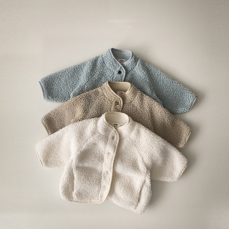 Palton pentru copii în stil coreean, culoare solidă, căptușit cu lână de miel și fleece, gros, croială lejeră, cald pentru primăvară și toamnă