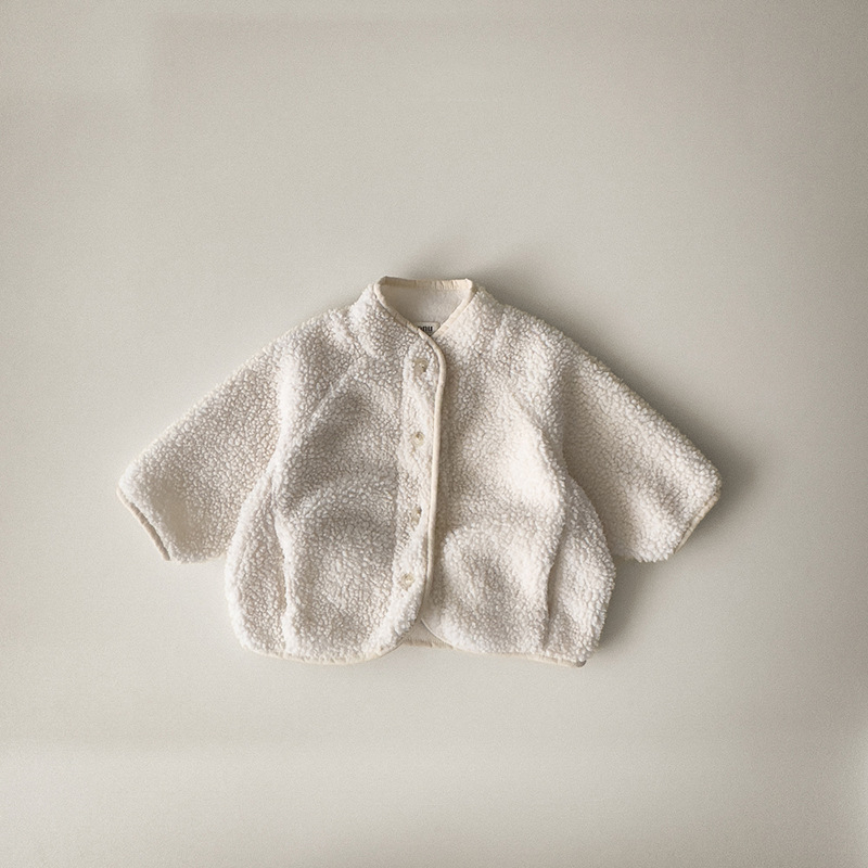 Palton pentru copii în stil coreean, culoare solidă, căptușit cu lână de miel și fleece, gros, croială lejeră, cald pentru primăvară și toamnă