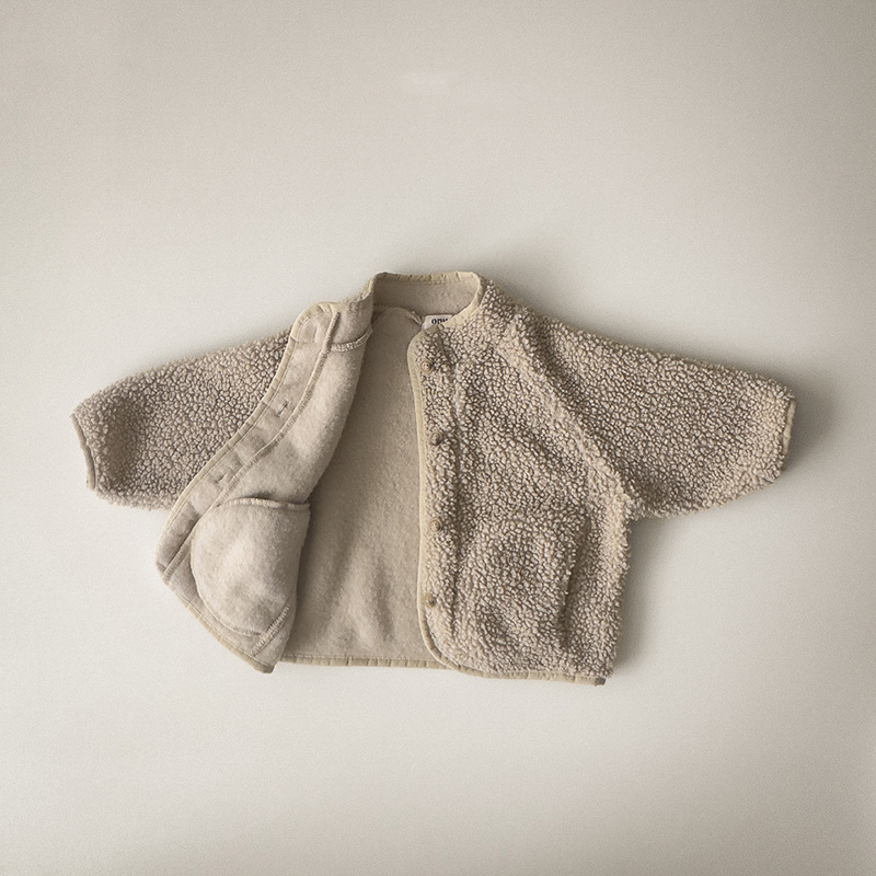 Palton pentru copii în stil coreean, culoare solidă, căptușit cu lână de miel și fleece, gros, croială lejeră, cald pentru primăvară și toamnă