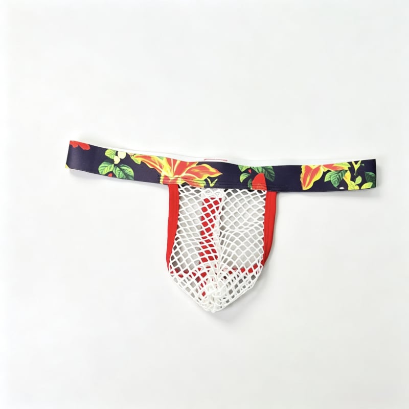 Ανδρικό thong από φθοριζόμενο πλέγμα με ethnic print, φαρδιά ζώνη μέσης, αναπνεύσιμο σχέδιο με διάτρητες λεπτομέρειες, χαμηλή μέση