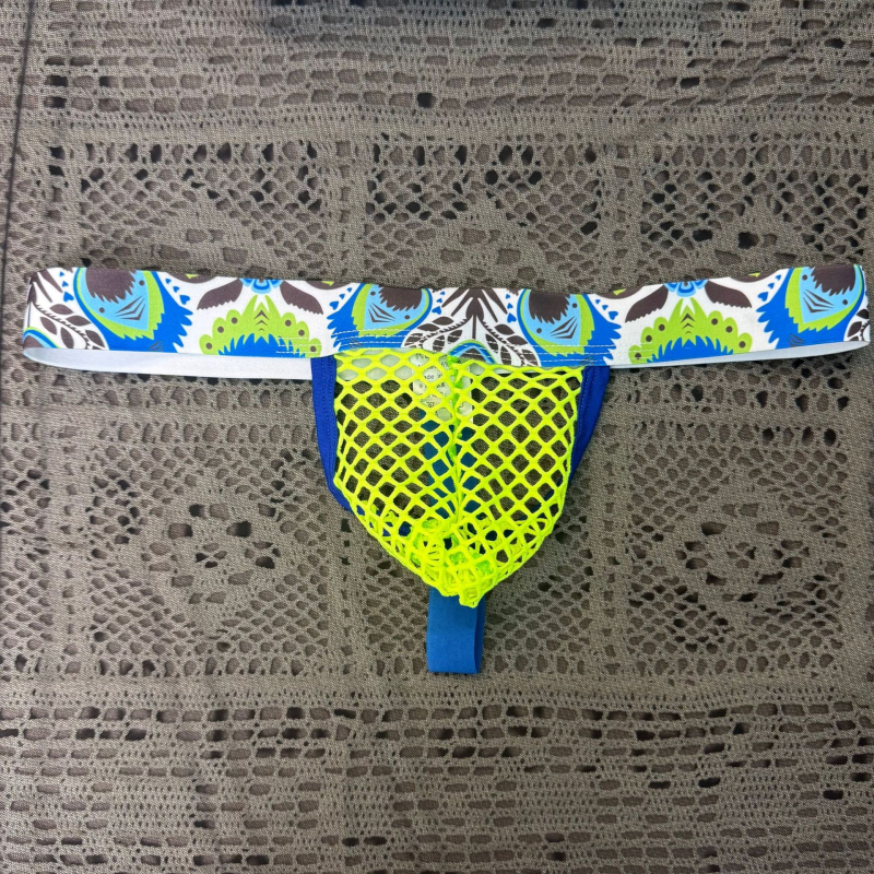 Ανδρικό thong από φθοριζόμενο πλέγμα με ethnic print, φαρδιά ζώνη μέσης, αναπνεύσιμο σχέδιο με διάτρητες λεπτομέρειες, χαμηλή μέση
