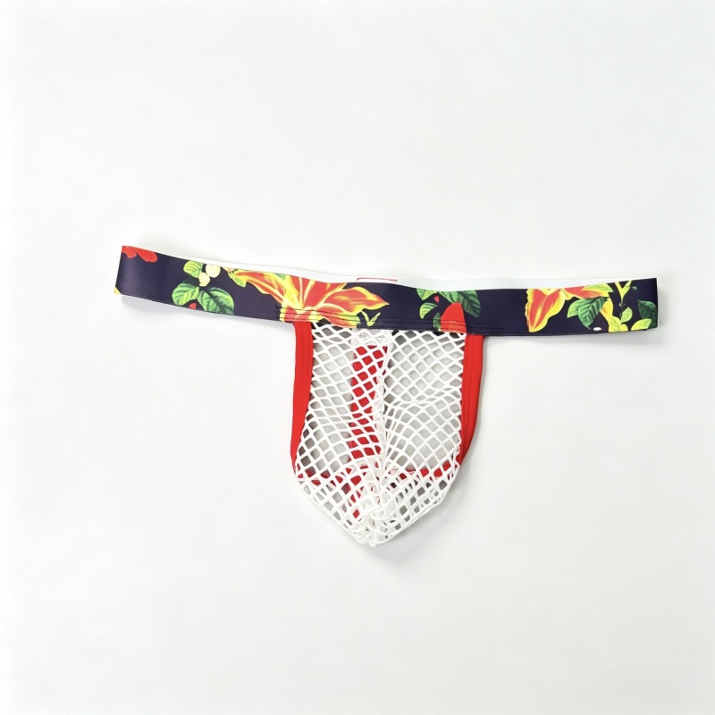 Ανδρικό thong από φθοριζόμενο πλέγμα με ethnic print, φαρδιά ζώνη μέσης, αναπνεύσιμο σχέδιο με διάτρητες λεπτομέρειες, χαμηλή μέση