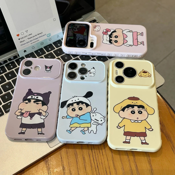 Shin-Chan cosplay kollekció iPhone 16/17 Pro tokokhoz, oldalsó szív dizájn, aranyos a 14/13/12 modellekhez.