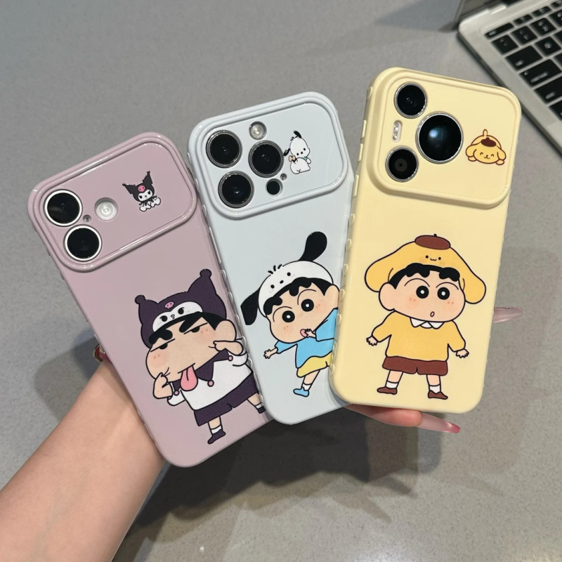 Shin-Chan cosplay kollekció iPhone 16/17 Pro tokokhoz, oldalsó szív dizájn, aranyos a 14/13/12 modellekhez.