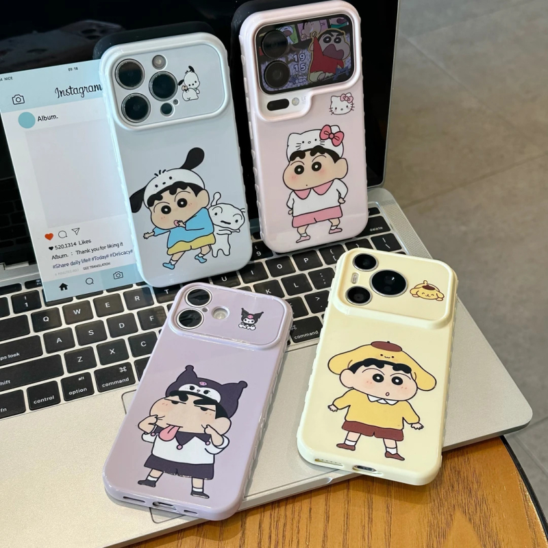 Shin-Chan cosplay kollekció iPhone 16/17 Pro tokokhoz, oldalsó szív dizájn, aranyos a 14/13/12 modellekhez.
