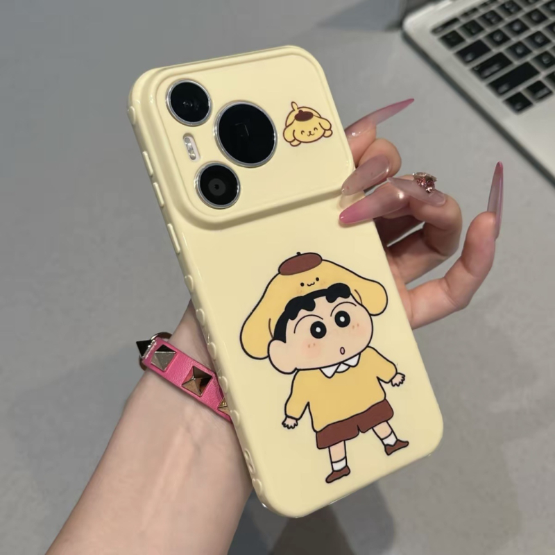 Shin-Chan cosplay kollekció iPhone 16/17 Pro tokokhoz, oldalsó szív dizájn, aranyos a 14/13/12 modellekhez.