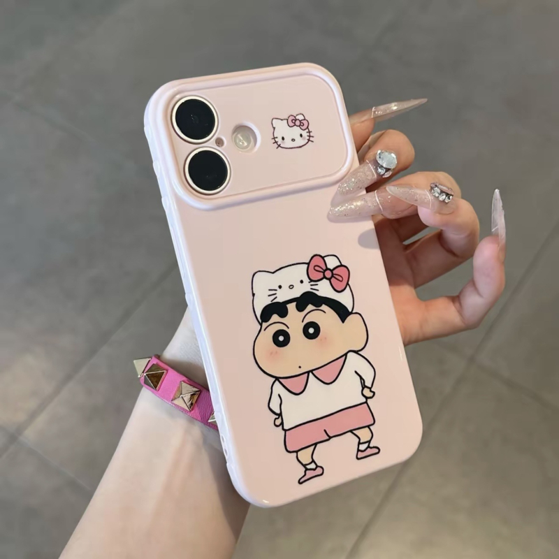 Shin-Chan cosplay kollekció iPhone 16/17 Pro tokokhoz, oldalsó szív dizájn, aranyos a 14/13/12 modellekhez.