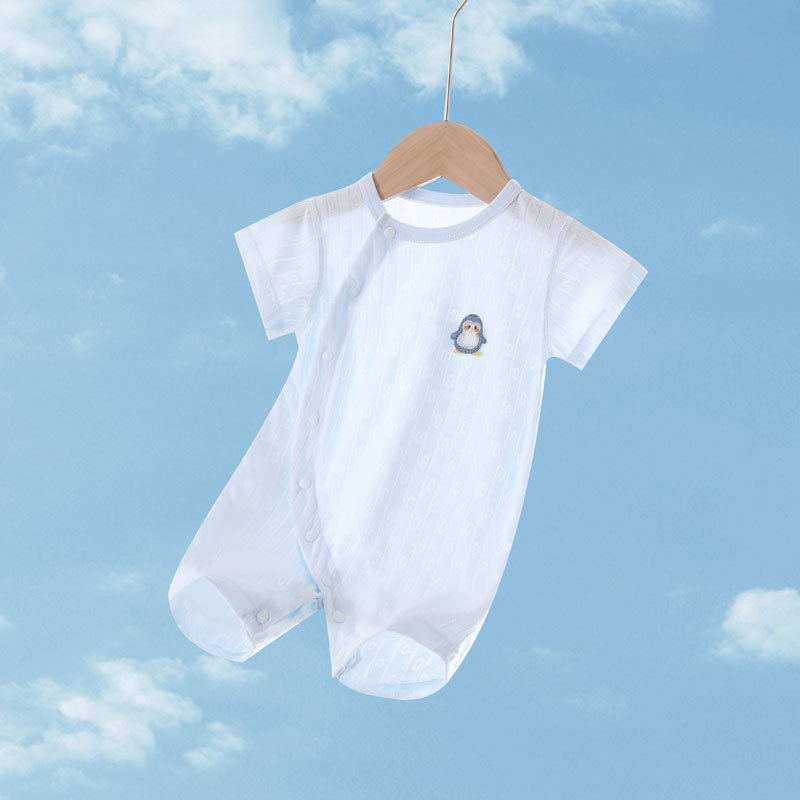 Salopetă de bebeluși din fibre de bambus, vară, subțire, mâneci scurte, unisex, închidere oblică