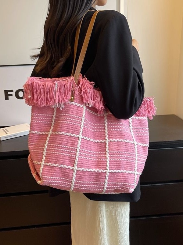 Nagy kapacitású tassel tote női táska, vászon anyagú, kézben és vállon hordható, 2023-as modell
