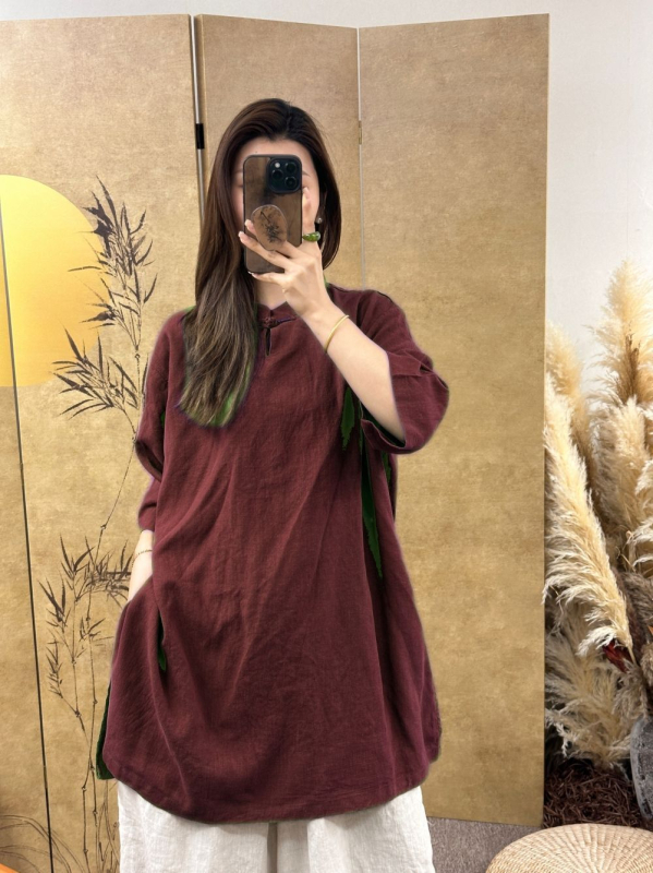 Hímzett virágos mintás női ing mandarin gallérral, pamut-len kevert anyag, 3/4-ös ujj, középhosszú, kínai stílusú retró