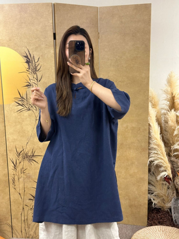 Hímzett virágos mintás női ing mandarin gallérral, pamut-len kevert anyag, 3/4-ös ujj, középhosszú, kínai stílusú retró