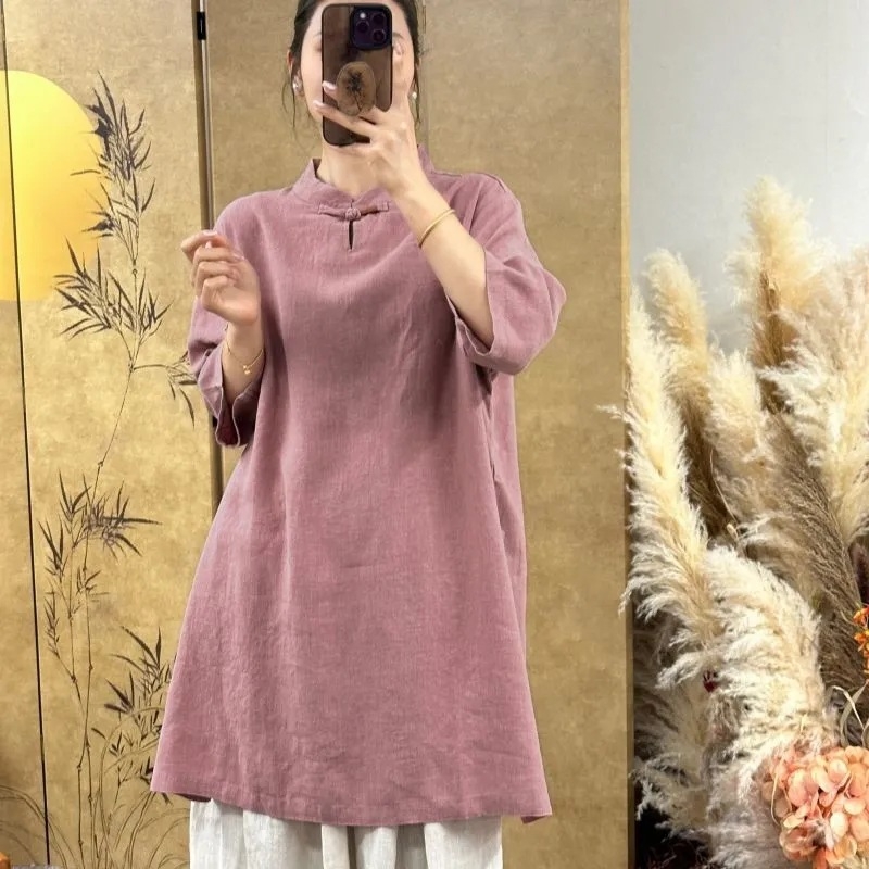 Hímzett virágos mintás női ing mandarin gallérral, pamut-len kevert anyag, 3/4-ös ujj, középhosszú, kínai stílusú retró