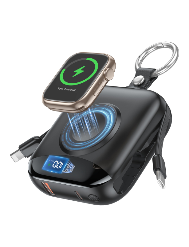 Μαγνητική ασύρματη power bank για Apple Watch με πιστοποίηση UL2056/FCC/CE/UKCA, γρήγορη φόρτιση 22.5W, 10000mAh, Type-C/USB-A, ενσωματωμένα καλώδια, μοντέλο P007