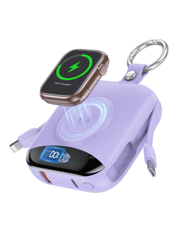 Μαγνητική ασύρματη power bank για Apple Watch με πιστοποίηση UL2056/FCC/CE/UKCA, γρήγορη φόρτιση 22.5W, 10000mAh, Type-C/USB-A, ενσωματωμένα καλώδια, μοντέλο P007