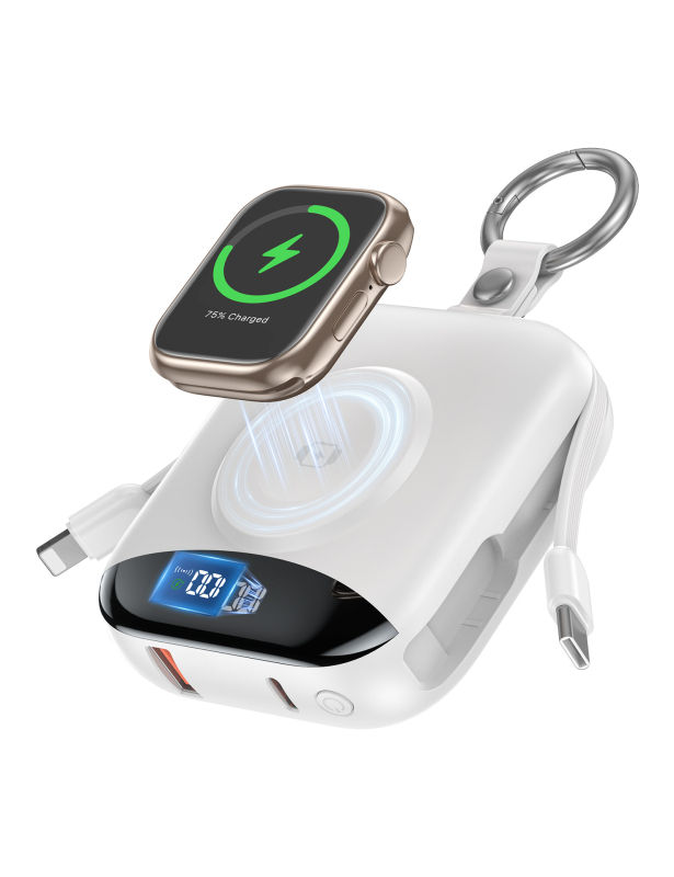 Μαγνητική ασύρματη power bank για Apple Watch με πιστοποίηση UL2056/FCC/CE/UKCA, γρήγορη φόρτιση 22.5W, 10000mAh, Type-C/USB-A, ενσωματωμένα καλώδια, μοντέλο P007