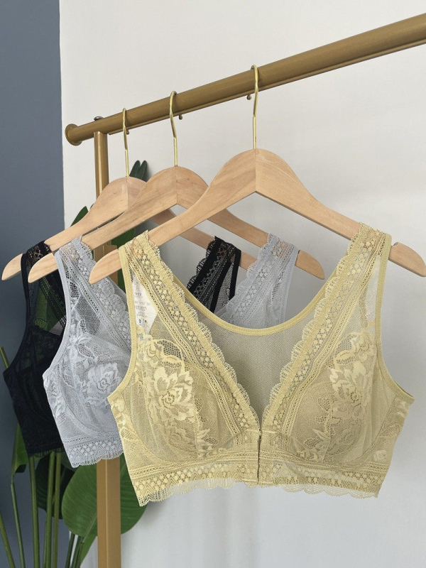 Sutien cu închidere frontală, dantelă și urechi de iepuri, mătase Mulberry, mărime mare, stil vestă, care face bustul să pară mai mic