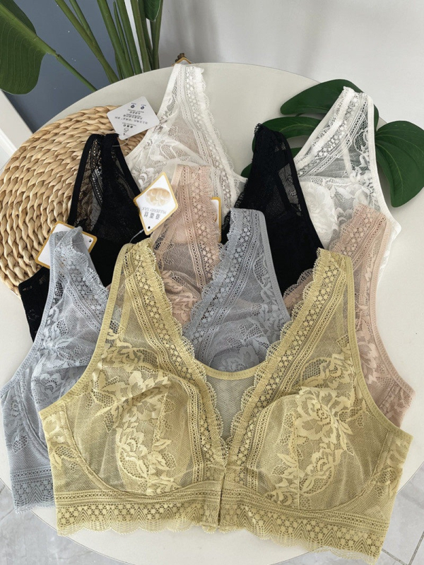 Sutien cu închidere frontală, dantelă și urechi de iepuri, mătase Mulberry, mărime mare, stil vestă, care face bustul să pară mai mic