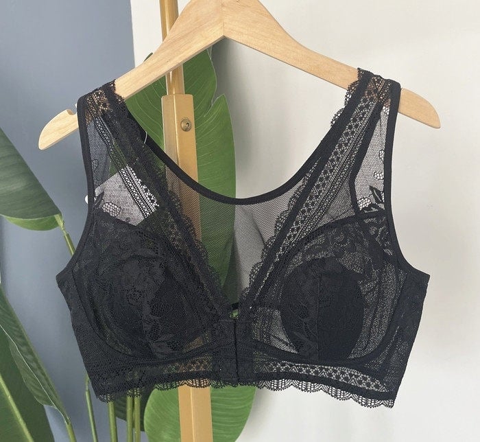 Sutien cu închidere frontală, dantelă și urechi de iepuri, mătase Mulberry, mărime mare, stil vestă, care face bustul să pară mai mic