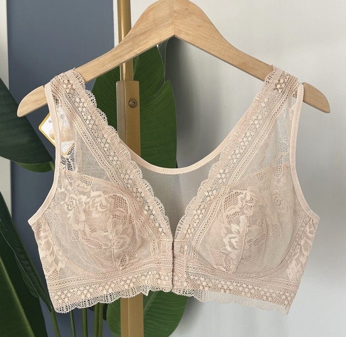 Sutien cu închidere frontală, dantelă și urechi de iepuri, mătase Mulberry, mărime mare, stil vestă, care face bustul să pară mai mic