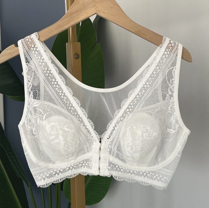 Sutien cu închidere frontală, dantelă și urechi de iepuri, mătase Mulberry, mărime mare, stil vestă, care face bustul să pară mai mic
