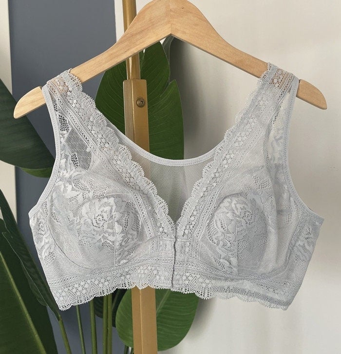 Sutien cu închidere frontală, dantelă și urechi de iepuri, mătase Mulberry, mărime mare, stil vestă, care face bustul să pară mai mic