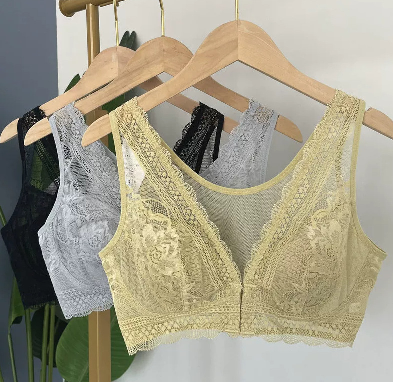 Sutien cu închidere frontală, dantelă și urechi de iepuri, mătase Mulberry, mărime mare, stil vestă, care face bustul să pară mai mic