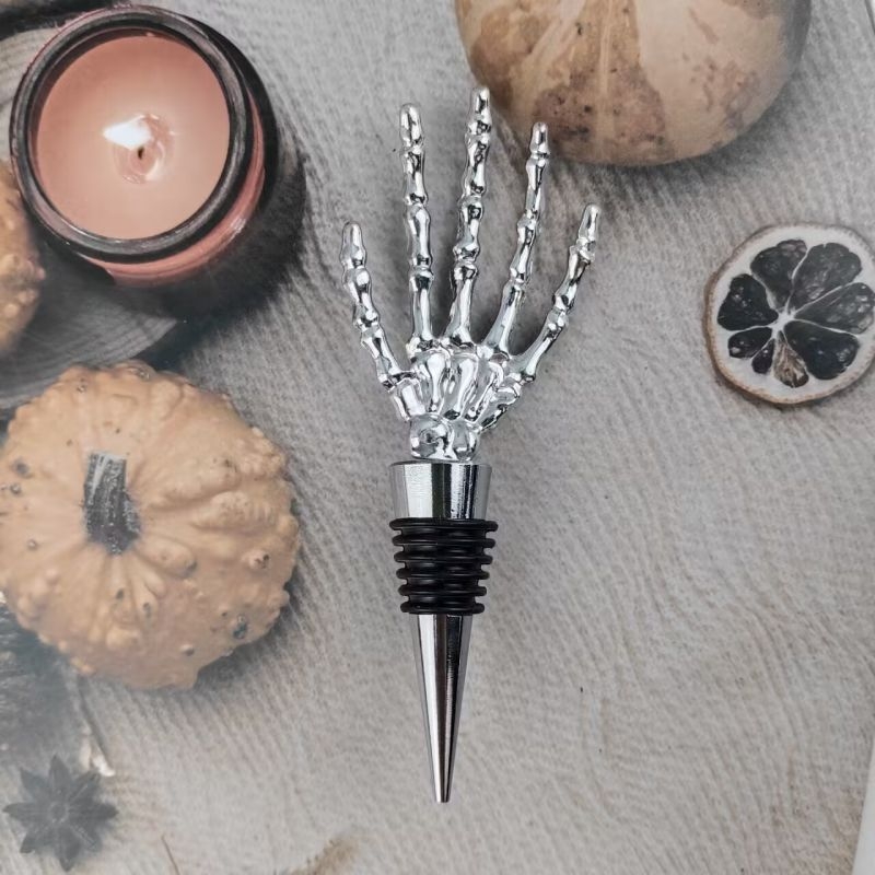 Srebrni čep za vino s rukom-skeletom, Halloween dekoracija, ponovno upotrebljiv, čep za bocu u obliku srca