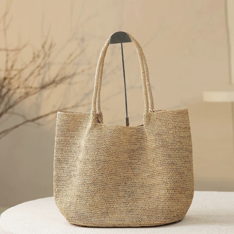 Női raffia szálból készült kézzel horgolt szalma táska, négyszögletes forma, minimalista városi stílus, nyári válltáska