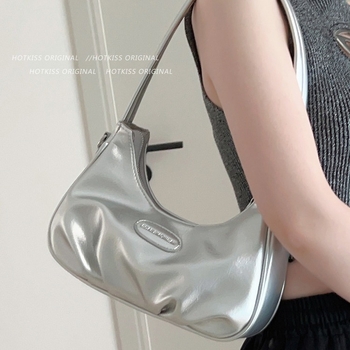 Női ezüst textúrájú holdsarló alakú válltáska PU-ból, közepes méretű, crossbody