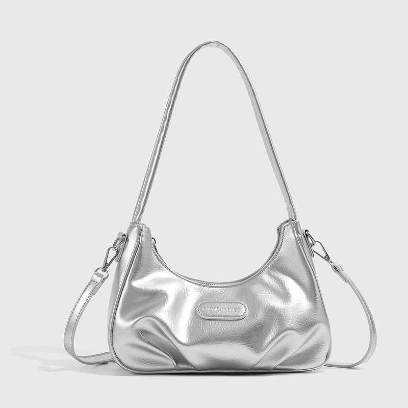 Női ezüst textúrájú holdsarló alakú válltáska PU-ból, közepes méretű, crossbody