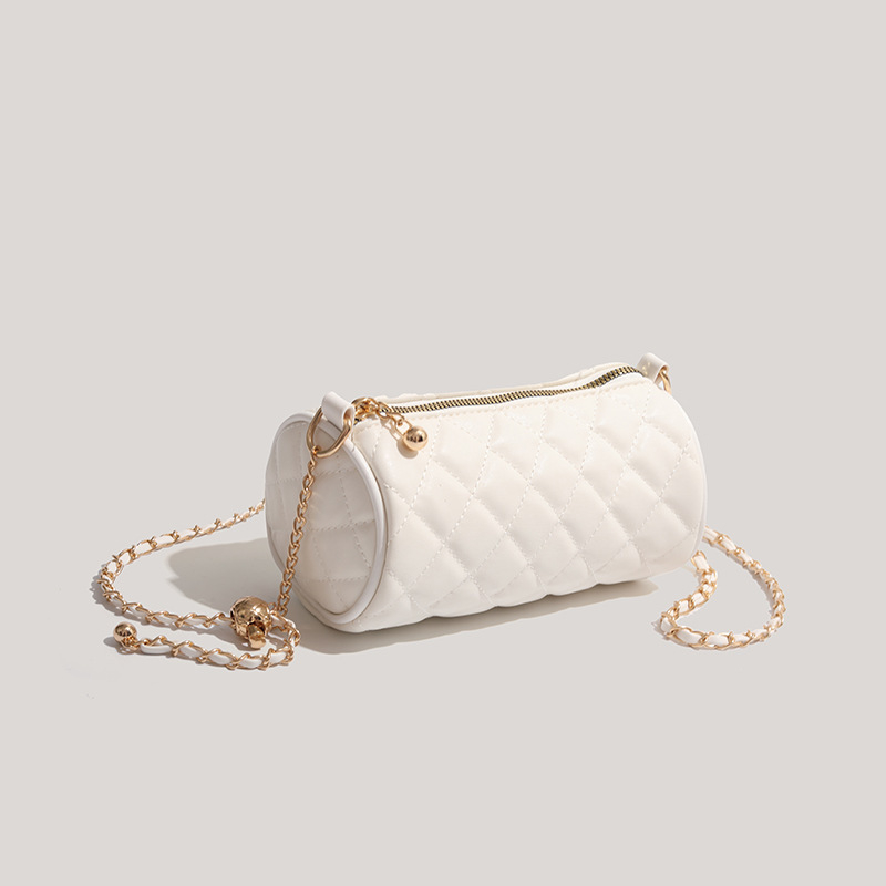 Női crossbody táska, cilindrikus forma, gyémánt quilt mintázattal és lánccal, PU anyag, 2024-es modell, prémium textúra